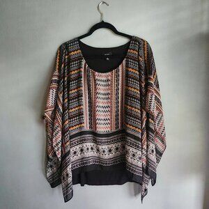 2X Black Aztec Poncho Blouse